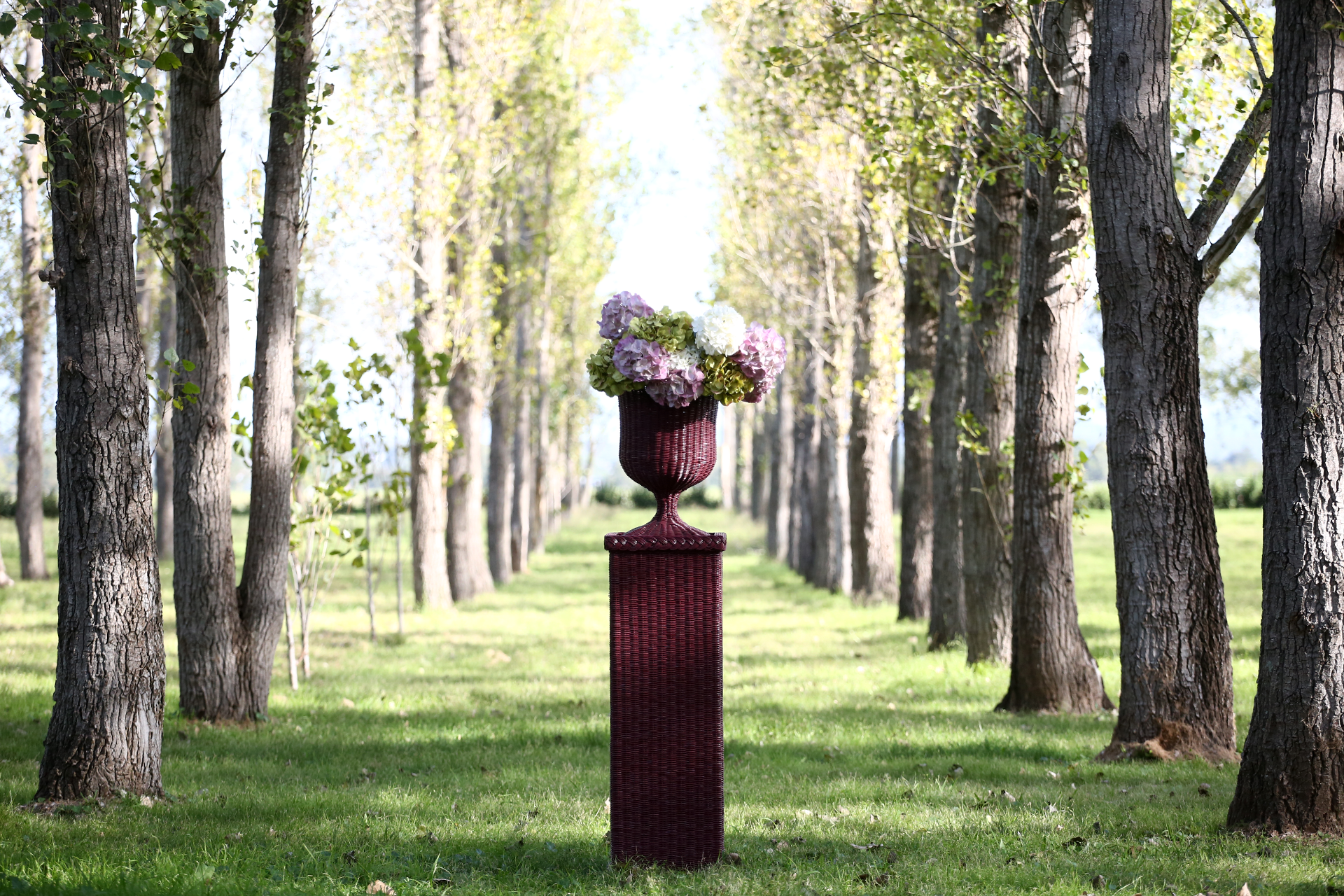 Marrakesh rattan pedestal vase with hydrangea arrangement in garden setting