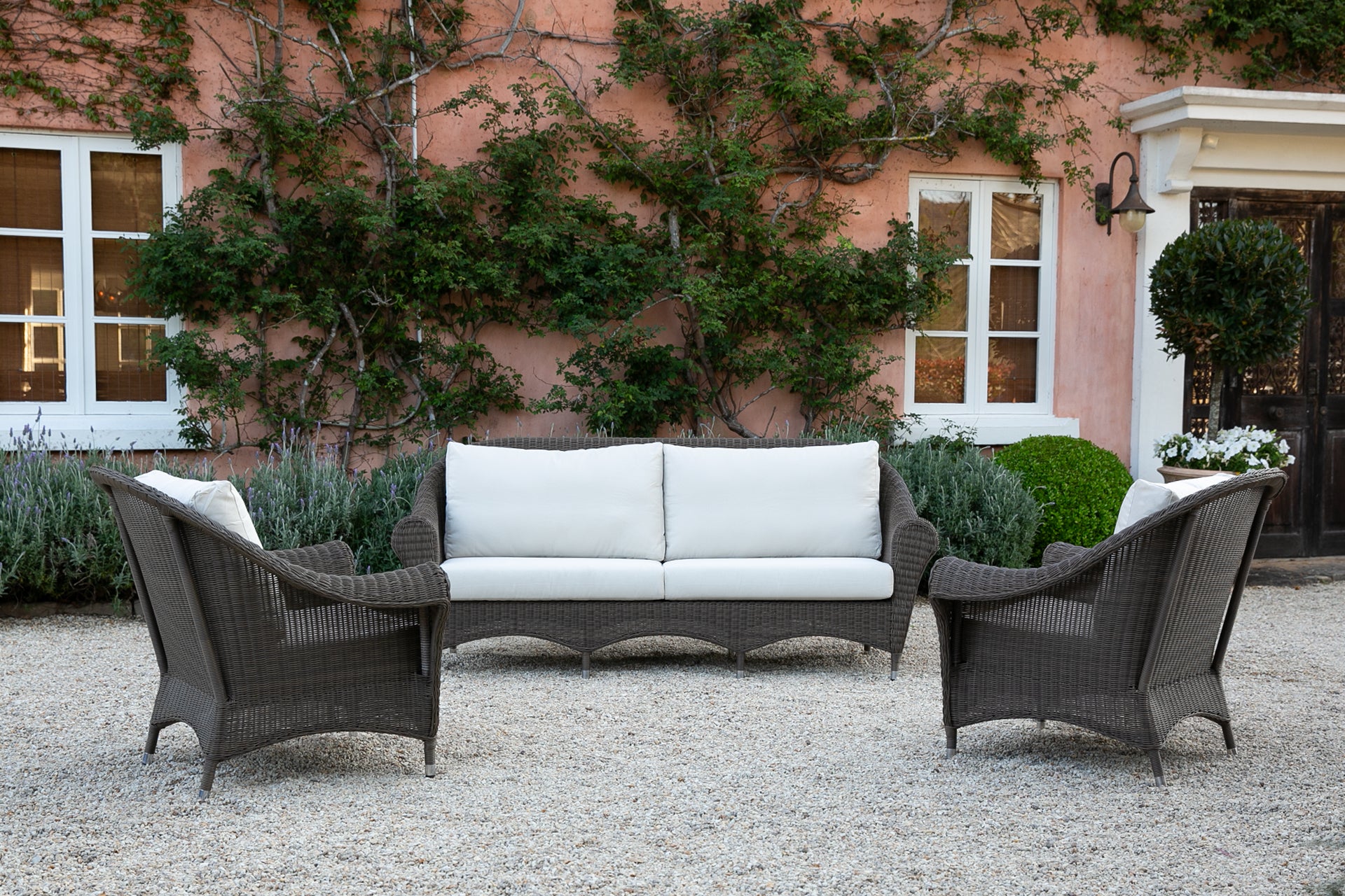 Hampshire Outdoor Wicker 3 Seater. Mocha Creme