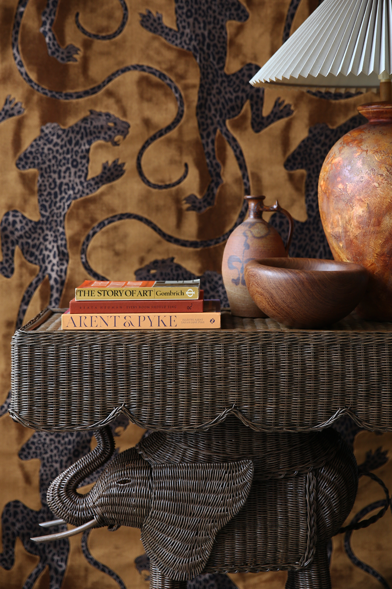 Jelani Elephant Console made from woven wicker and rattan finished in brown wash stain