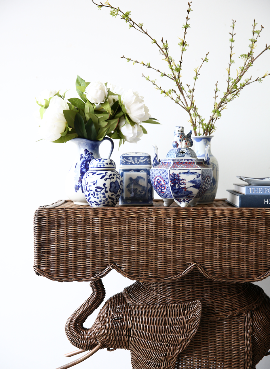 Jelani Elephant Console made from woven wicker and rattan finished in brown wash stain