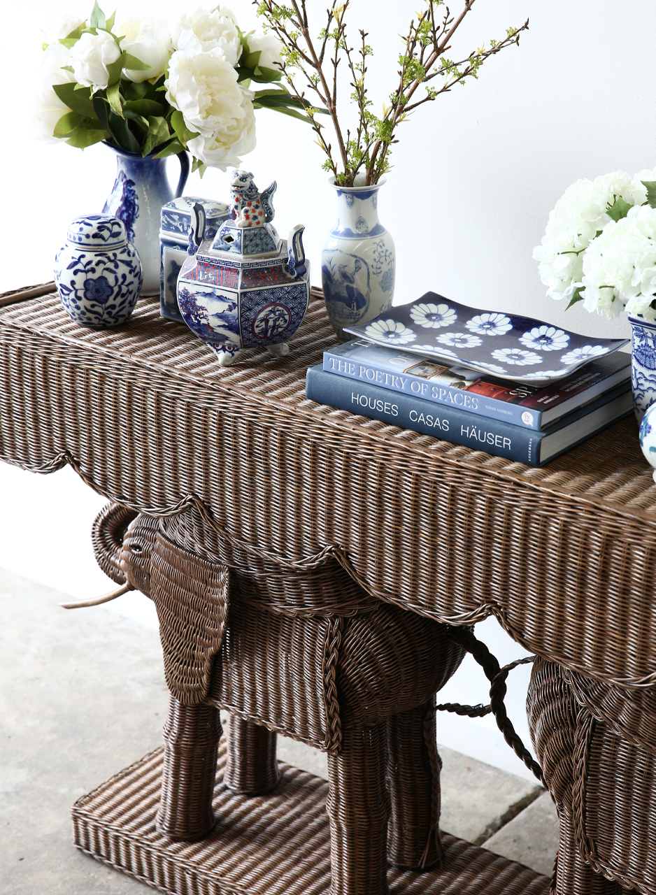 Jelani Elephant Console made from woven wicker and rattan finished in brown wash stain