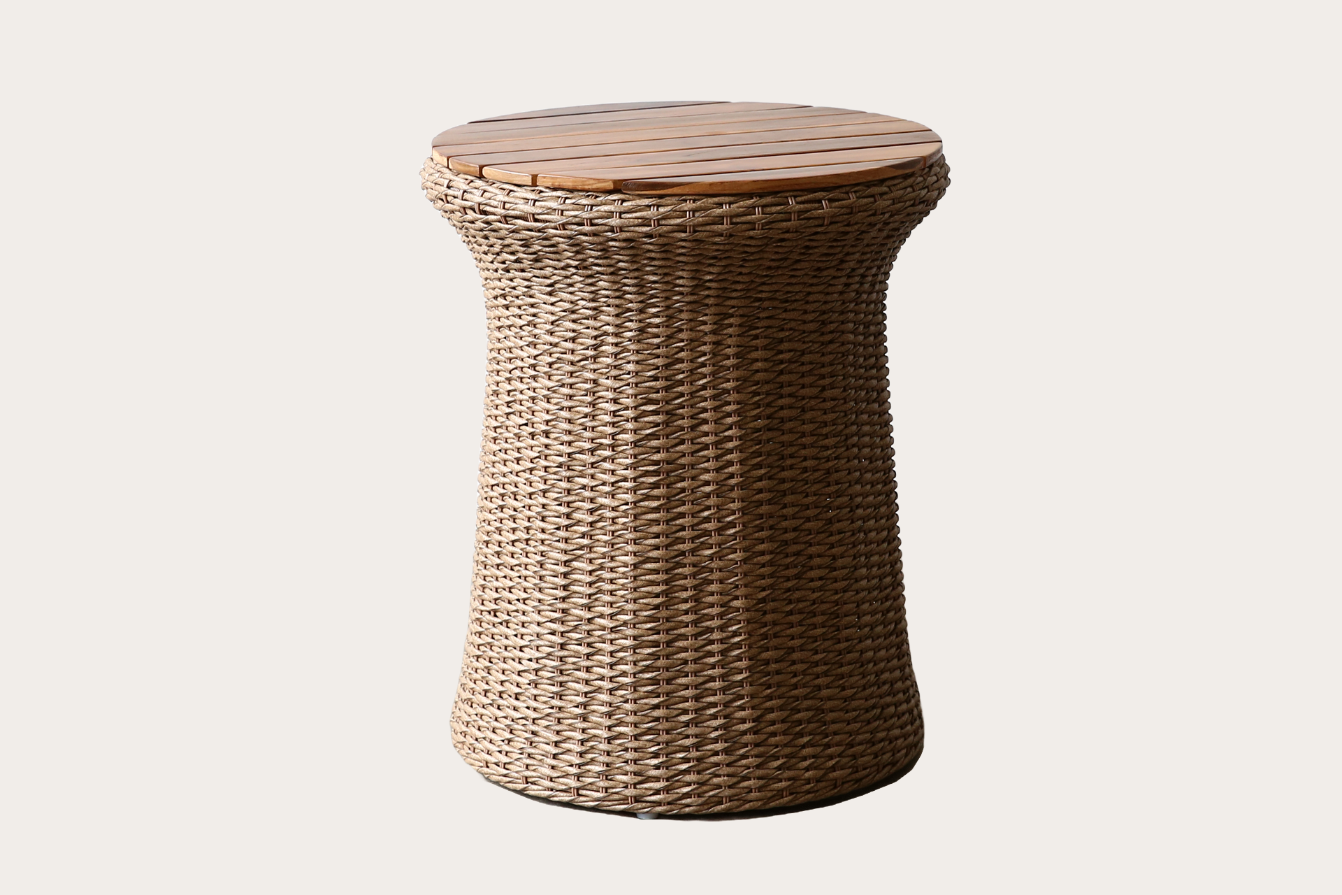 La Quinta Outdoor Side Table. 50cm Round. Slatted Teak Top