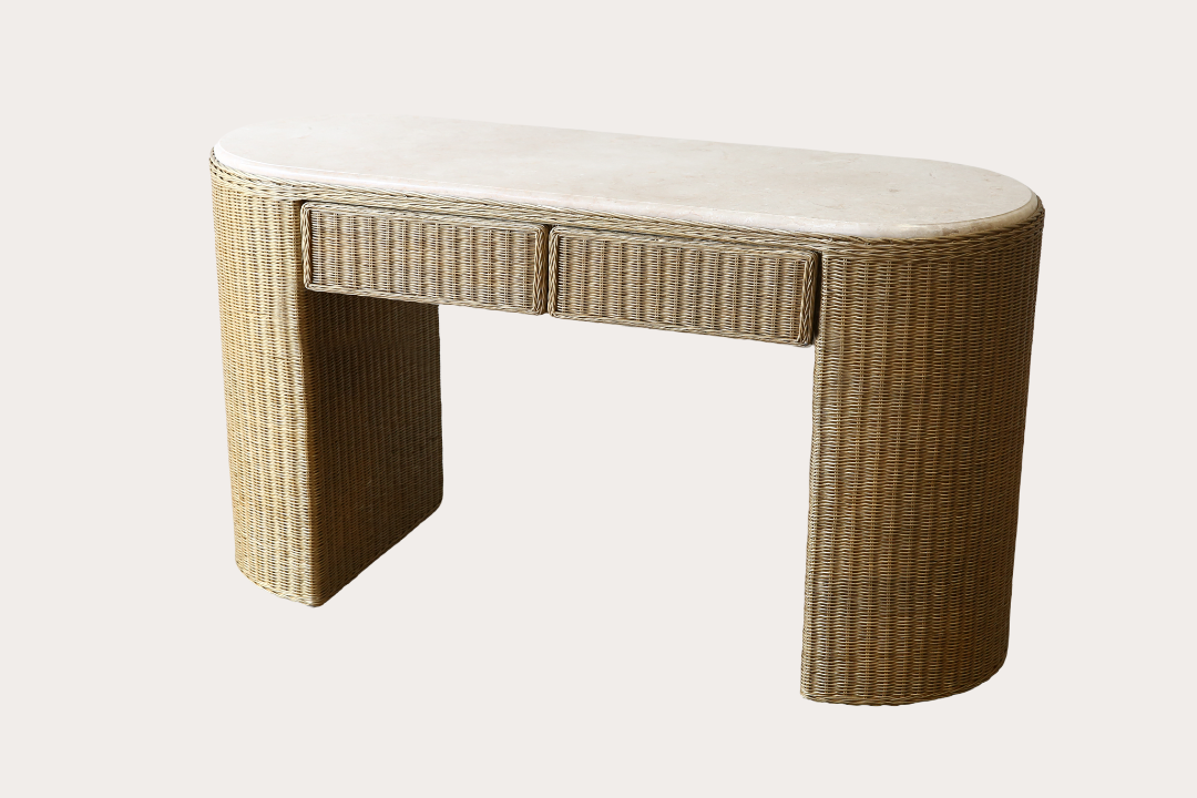 Custom Muse 2 Drawer Console with Stone Top. Gold