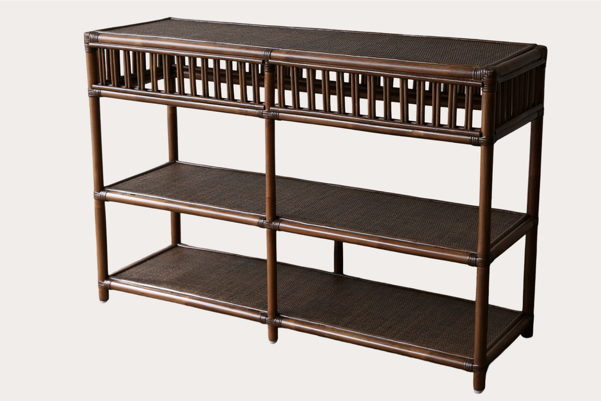 President console table in brown wash rattan.