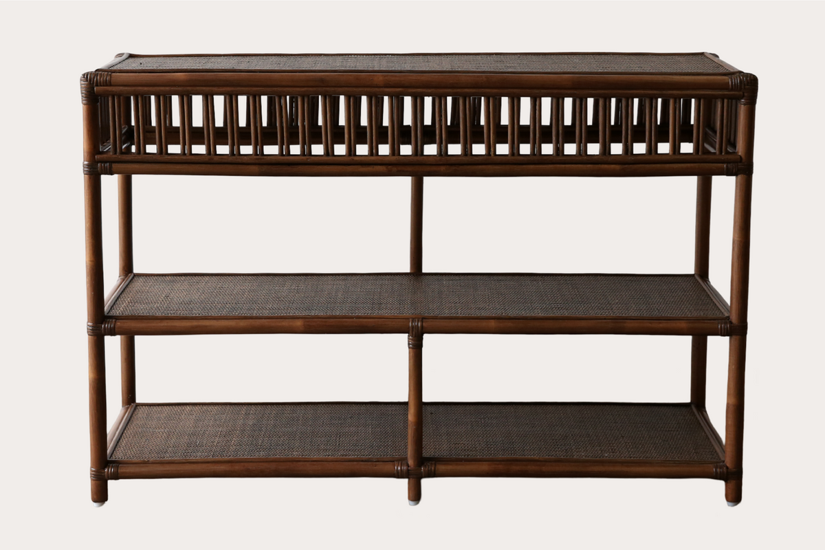 President console table in brown wash rattan.