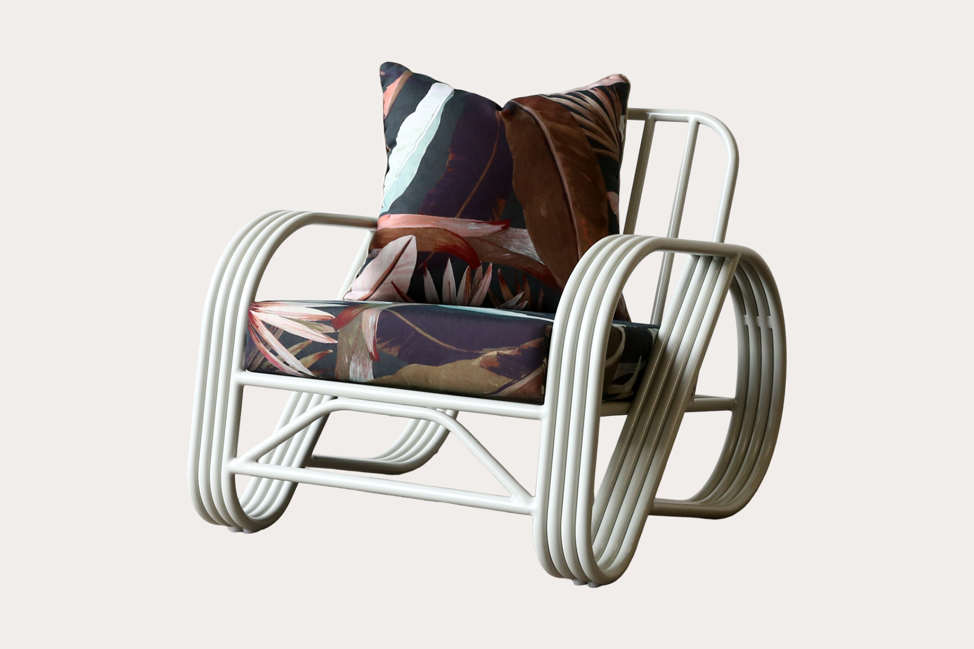 Outdoor aluminium armchair in powder coated River Gum. Options 2 seater, 2.5 and 3 seater outdoor sofas in the same Pretzel collection.