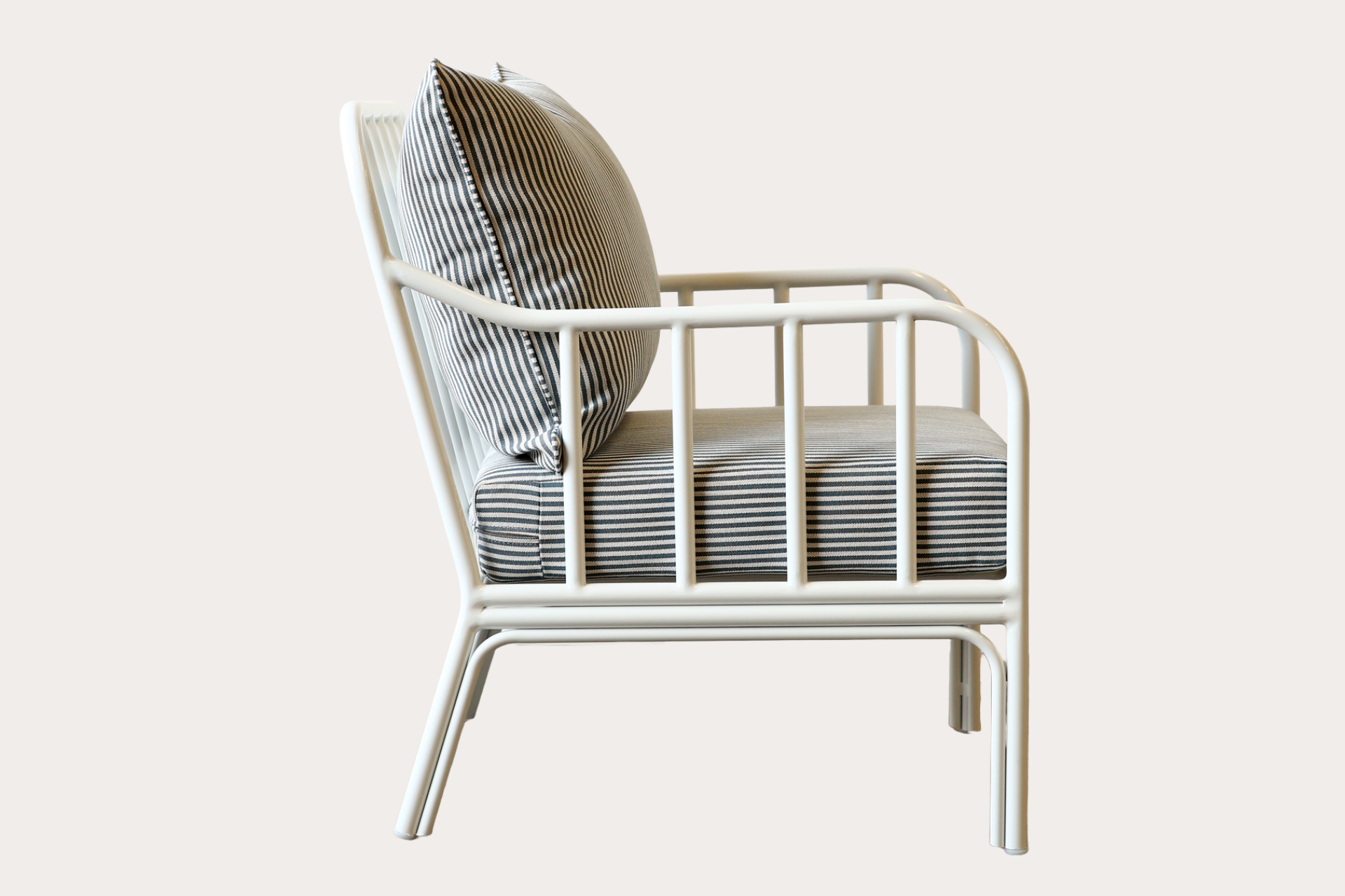 Aluminium armchair powder coated white for outdoor residential and commercial projects.