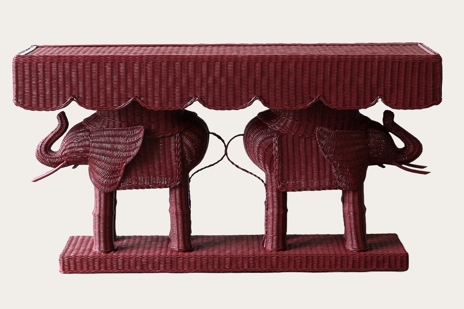 Jelani Elephant Console made from woven wicker and rattan painted in dulux Marrakesh red