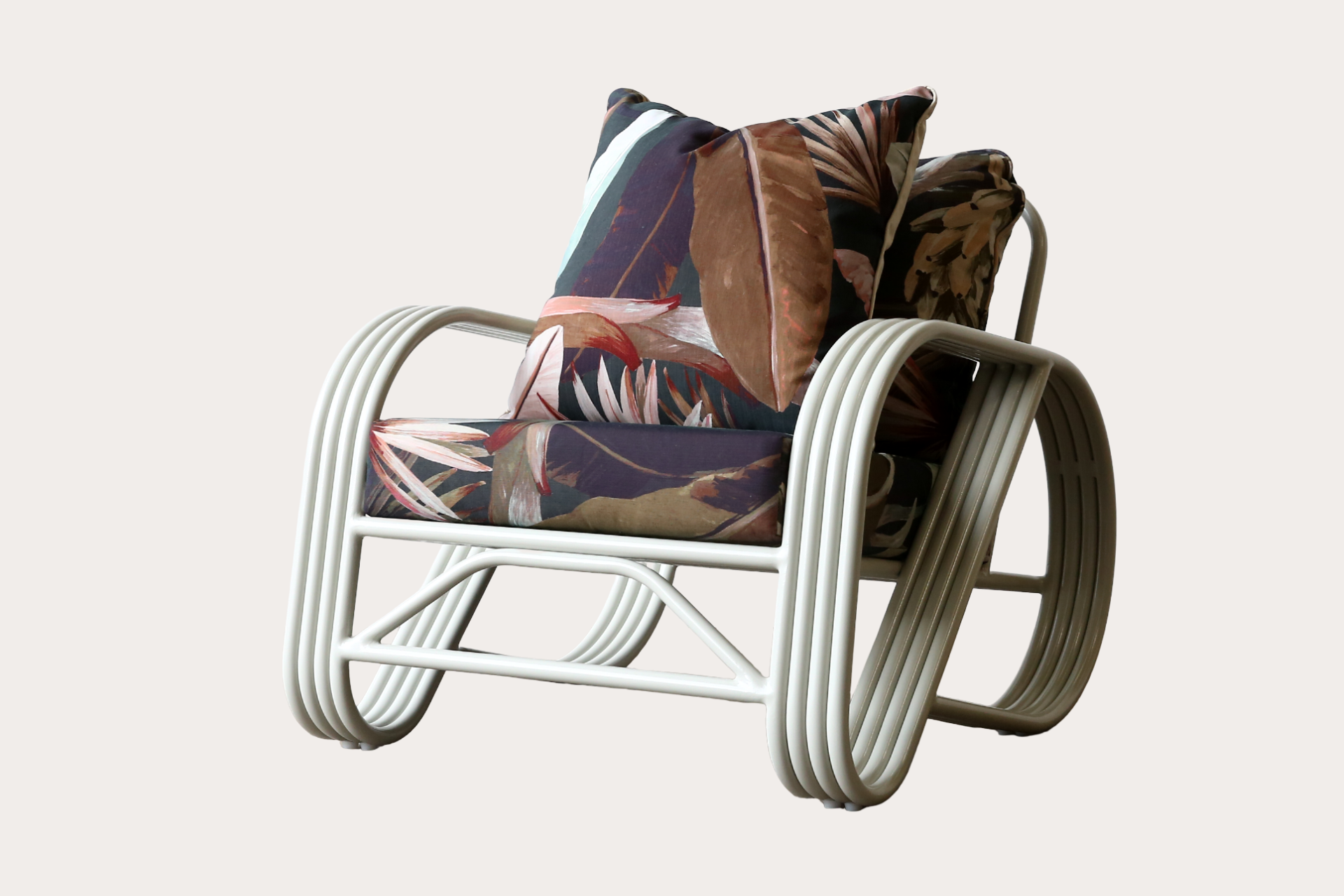 Outdoor aluminium armchair in powder coated River Gum. Options 2 seater, 2.5 and 3 seater outdoor sofas in the same Pretzel collection.