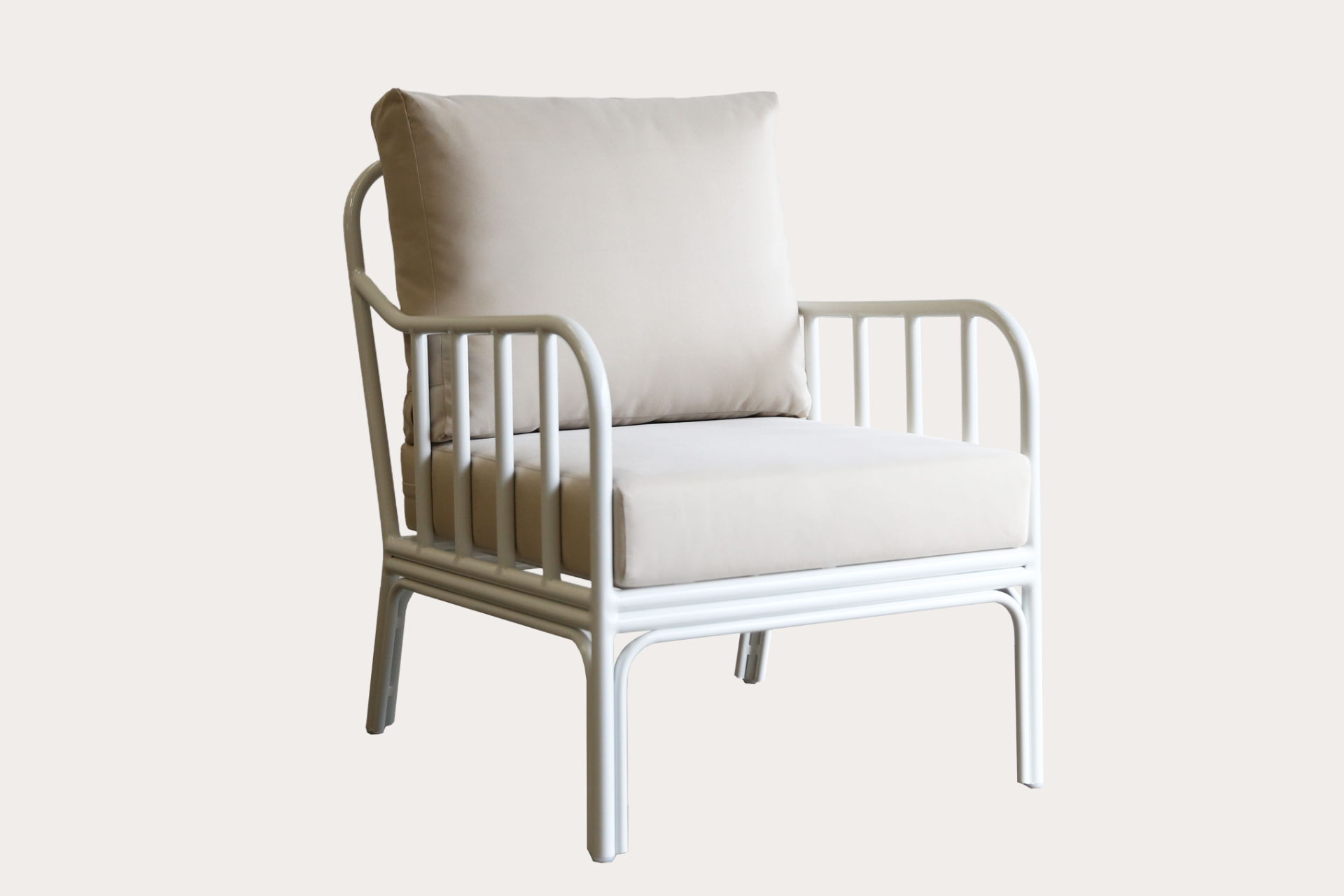 Outdoor armchair made from Aluminium and finished in white powder coat with outdoor fabric and foams.