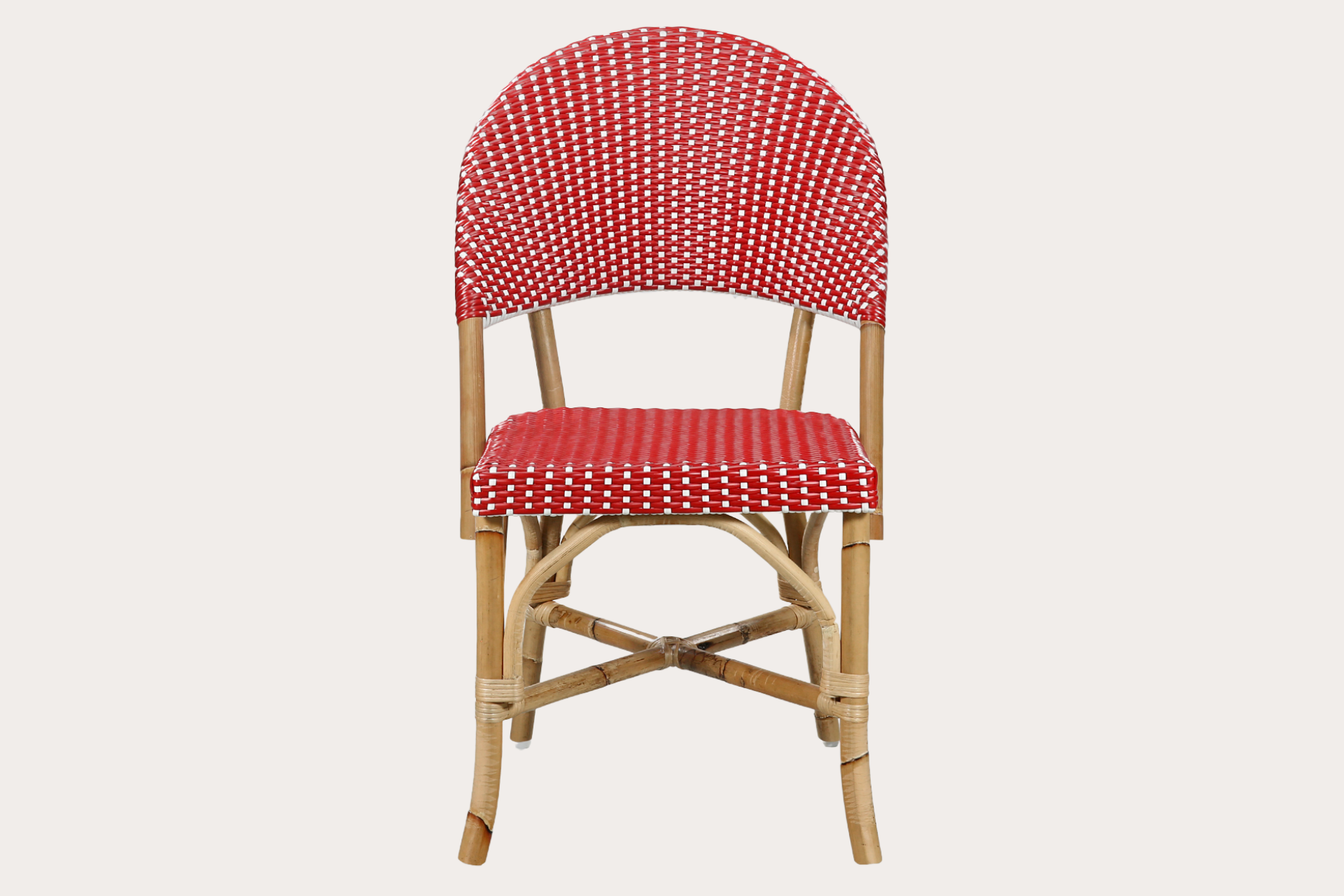 French provincial cafe sidewalk rattan and wicker dining chair in red and white.