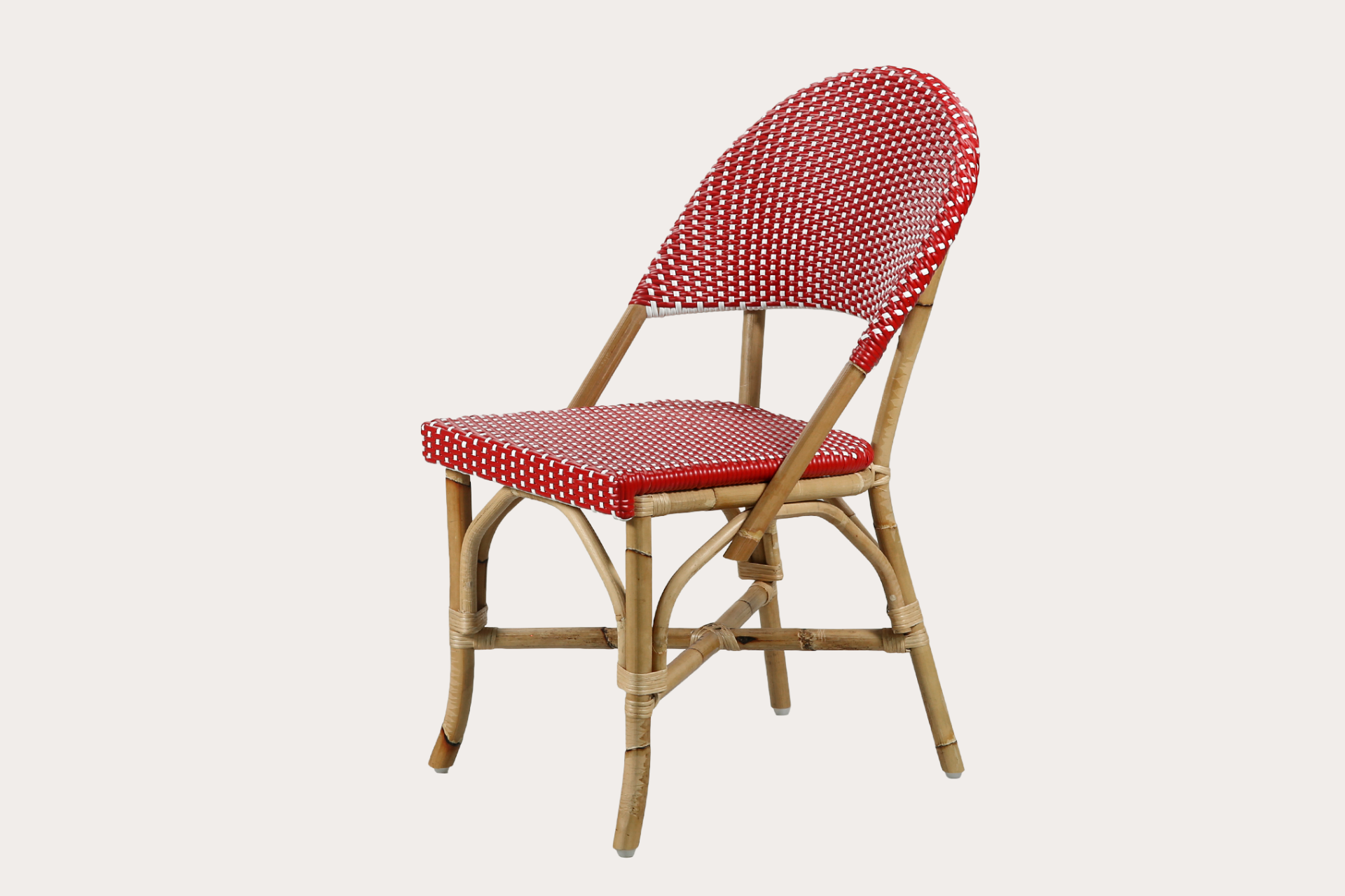 French provincial cafe sidewalk rattan and wicker dining chair in red and white.
